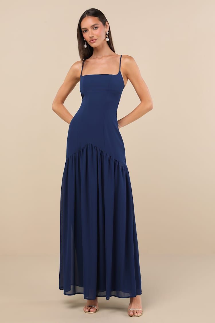 Navy Blue Chiffon Maxi Dress with Tiered Ruffled Skirt — Chiffon Dresses