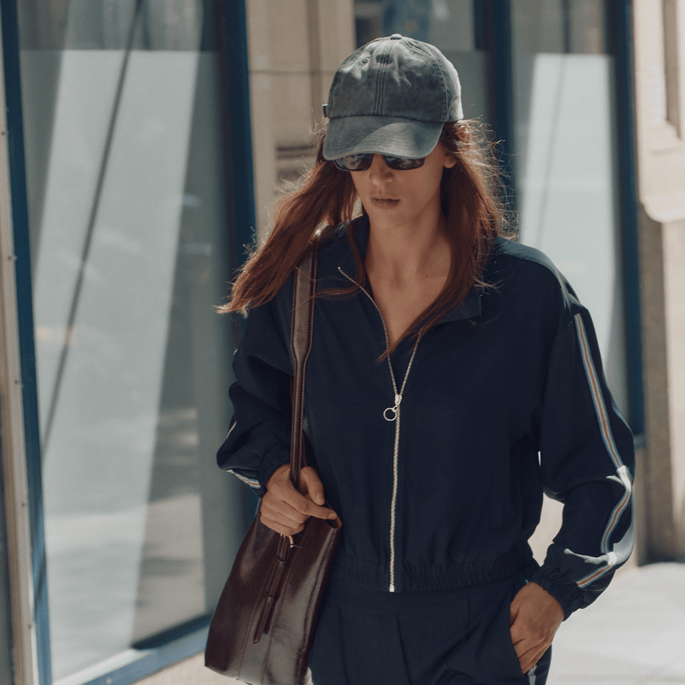 Navy Track Jacket with Colorful Side Stripes — Track Jacket Outfits