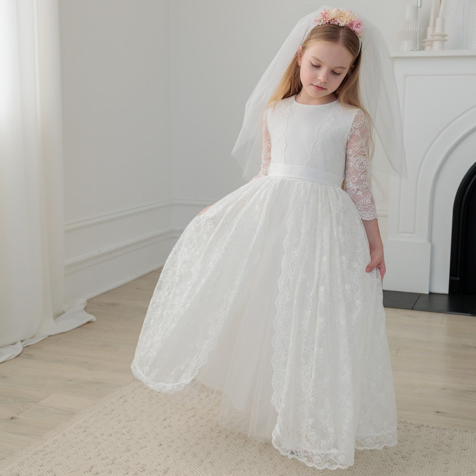 Full Lace A-Line Dress with Satin Sash and Veil Full Lace A-Line Dress with Satin Sash and Veil — First Communion Outfits