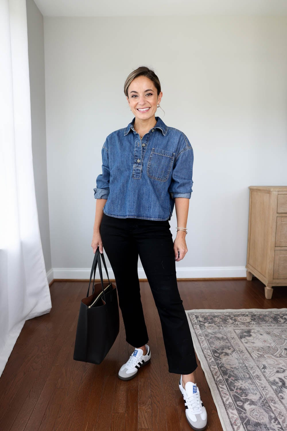 Cropped Denim Shirt and Trousers: A Casual Classroom Combination — Kindergarten Teacher Outfits