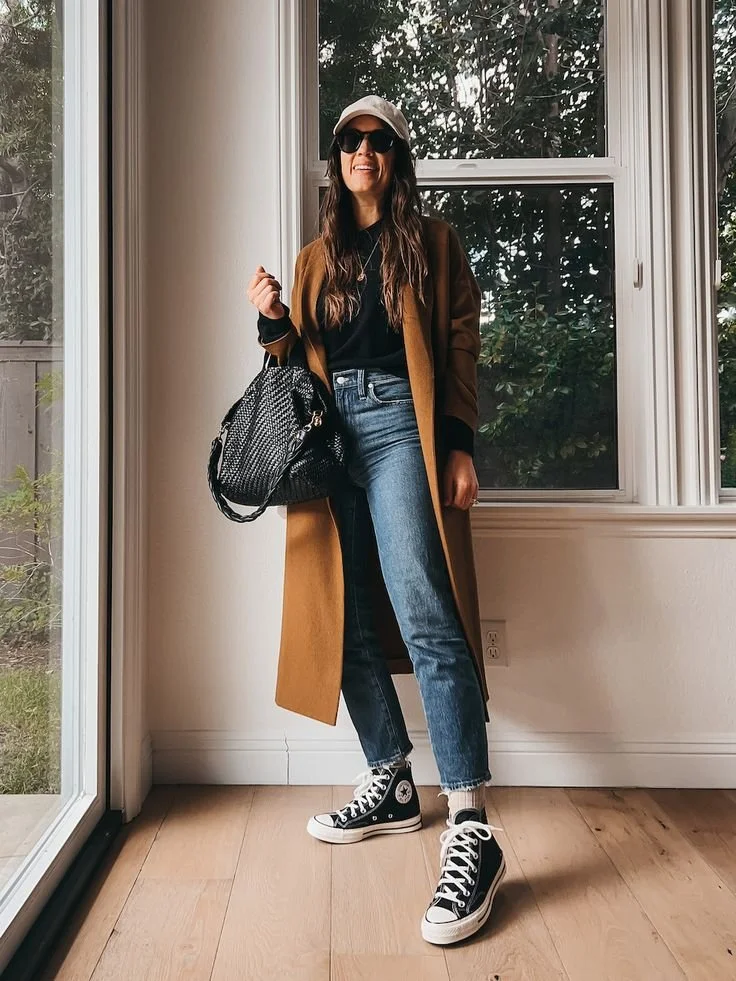 Chic Casual: Black High-Tops with a Long Brown Coat — Converse Outfits