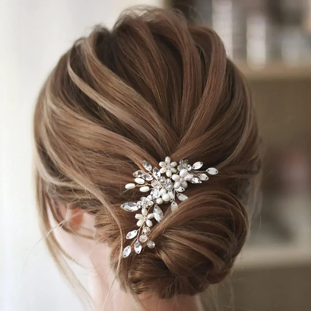 Brown Low Bun With Crystal Comb — Bridal Hair Accessories