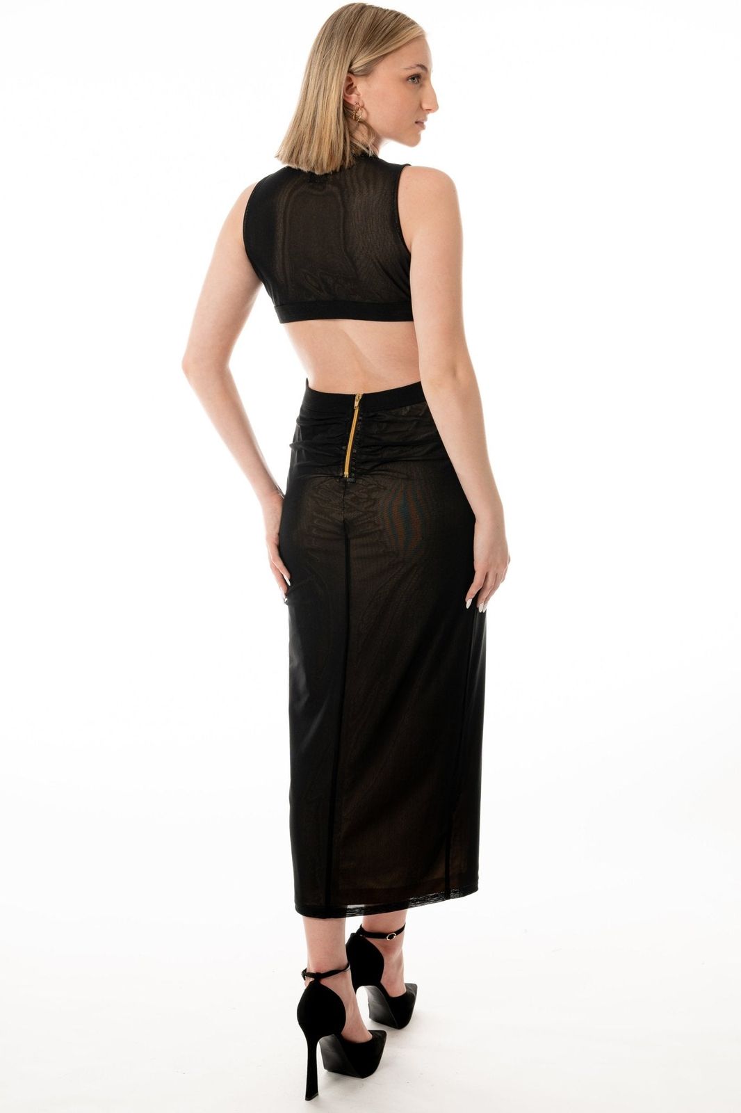 Black Mesh Crop Top and Skirt with Gold Zipper for Evening Black Mesh Crop Top and Skirt with Gold Zipper for Evening — Hostess Outfits