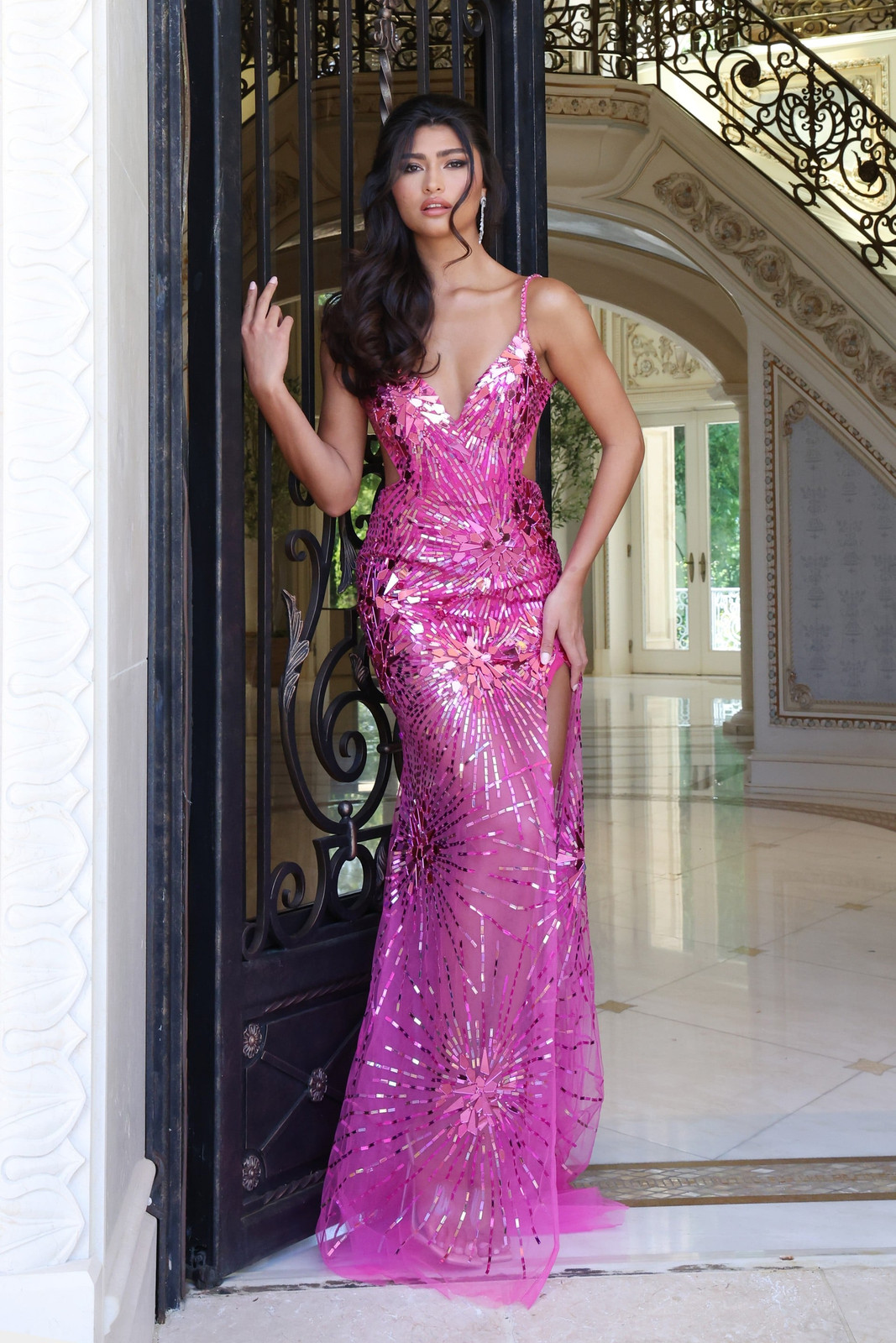 Hot Pink Sequined Gown with Plunging Neckline Hot Pink Sequined Gown with Plunging Neckline — Sparkly Dresses