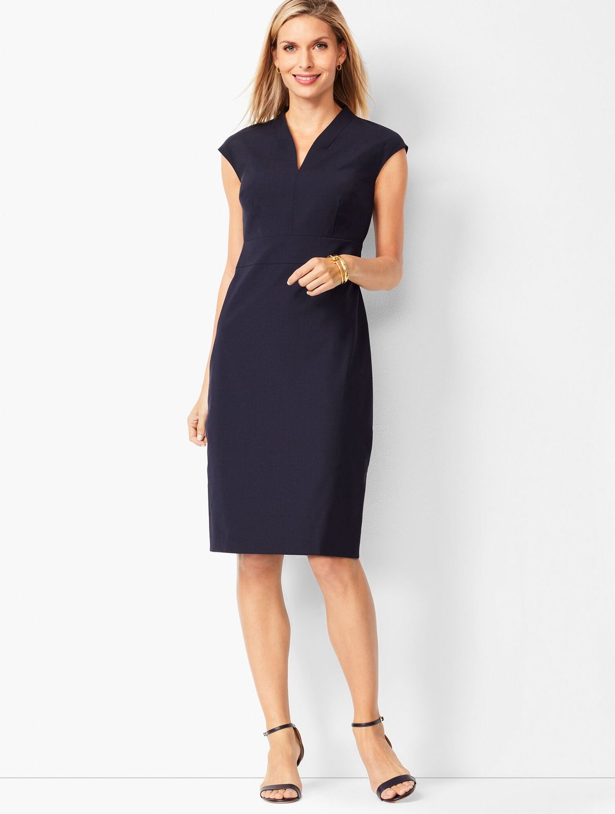 Navy V-Neck Sheath Dress for Business Settings — Sheath Dresses