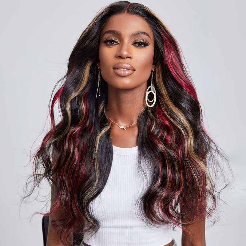 Alibonnie Black Hair With Red & Blonde Highlights Wigs Body Wave 13x4