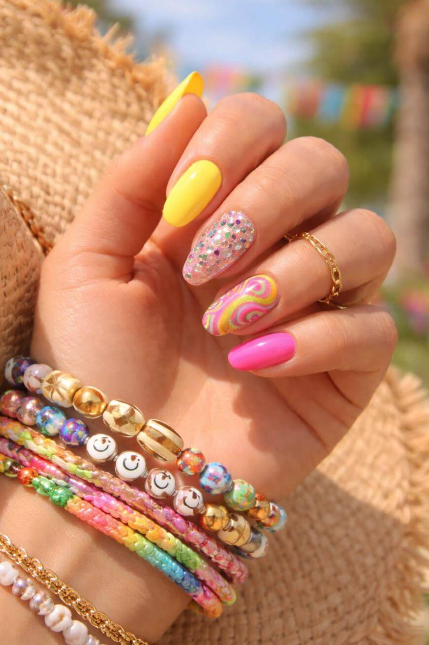 Mixed Color Swirl Coffin Nails — Festival Nails
