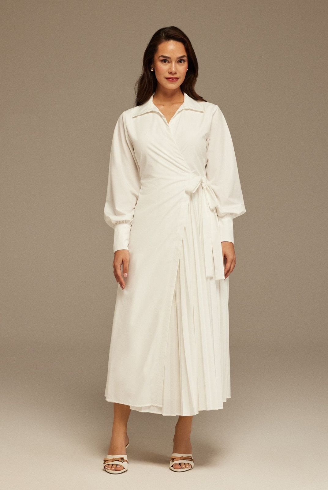 Pleated Panel Wrap Shirt Dress for Smart Casual — Modest Dresses