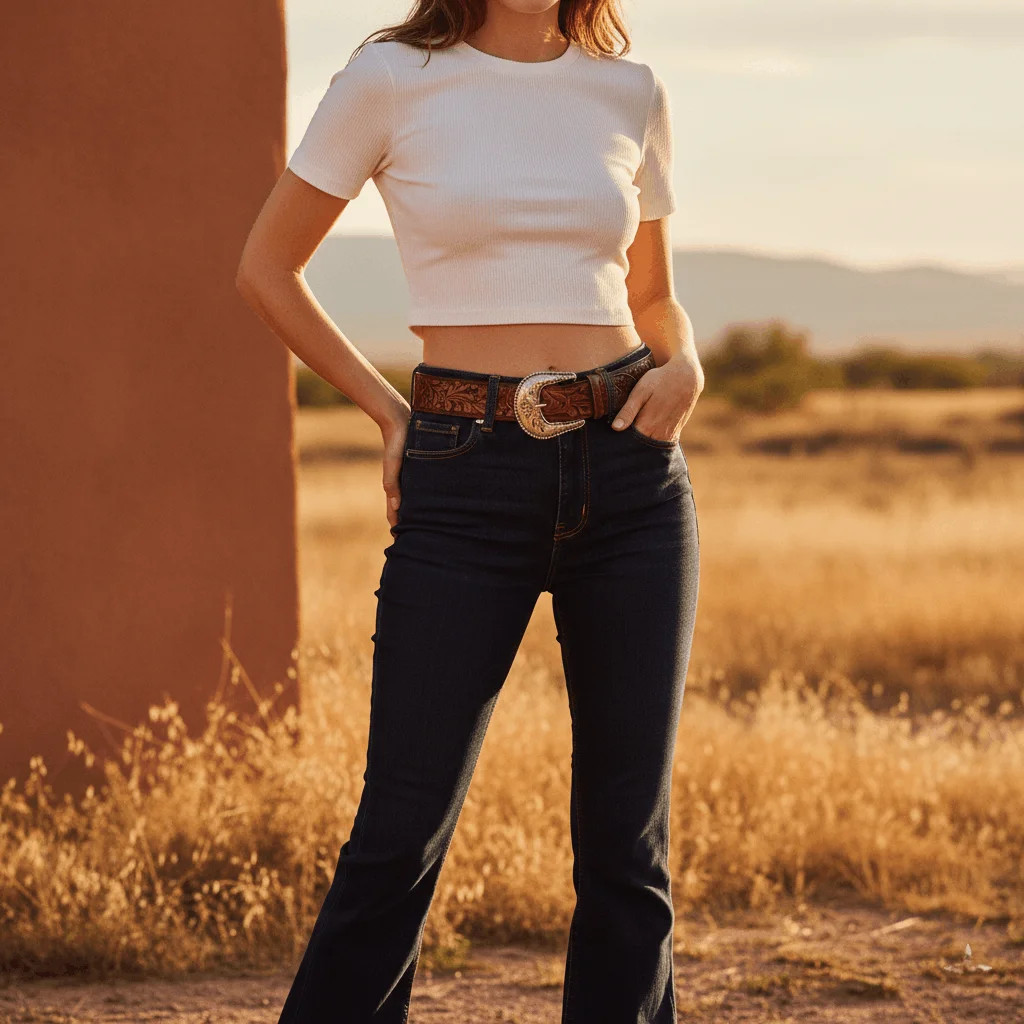 Ornate Brown Leather Belt with Gold Buckle on Flared Jeans and Crop Top — Western Belt Outfits