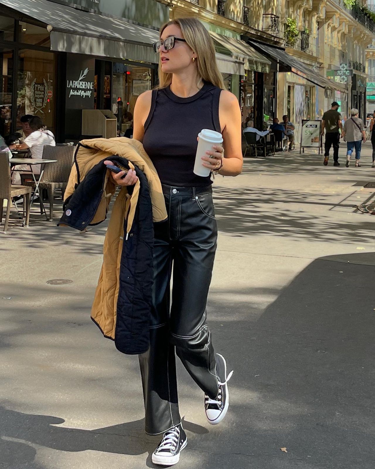 Black Faux Leather Trousers and Sneakers for an Edgy Date Black Faux Leather Trousers and Sneakers for an Edgy Date — Coffee Date Outfits
