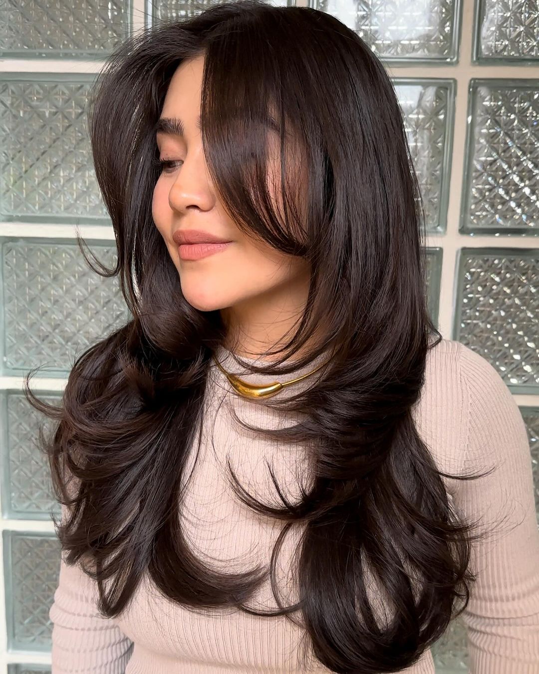 Mid-Back Dark Brown Butterfly With Prominent Bangs — Butterfly Haircut Long Hair