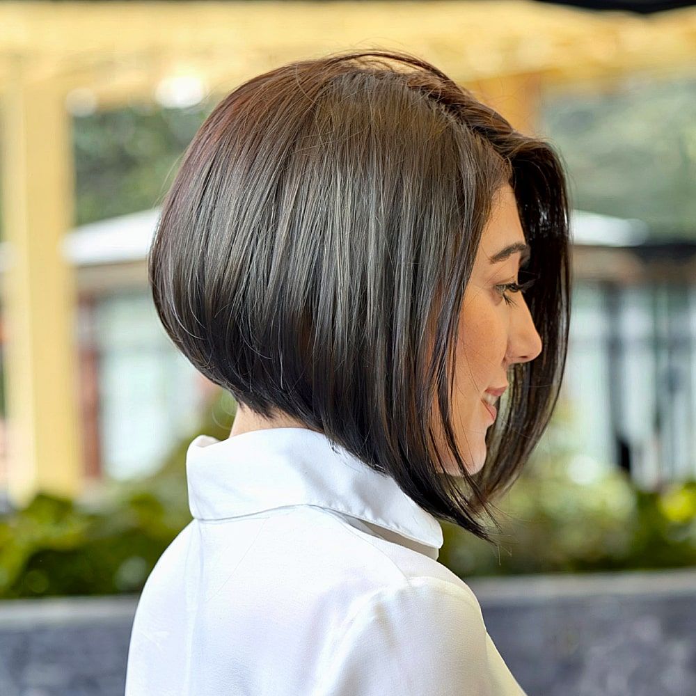 Dark Brown Bob With Subtle Grey Tones Dark Brown Bob With Subtle Grey Tones — A-Line Bob