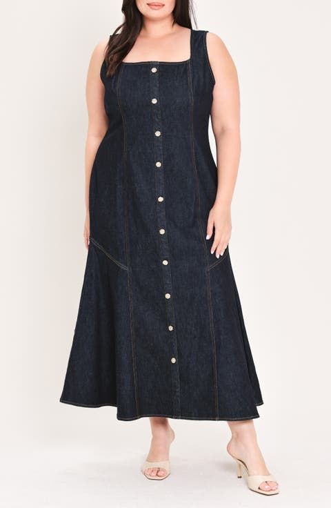 Dark Indigo Denim Midi Dress with Button-Front — Plus Size Dresses