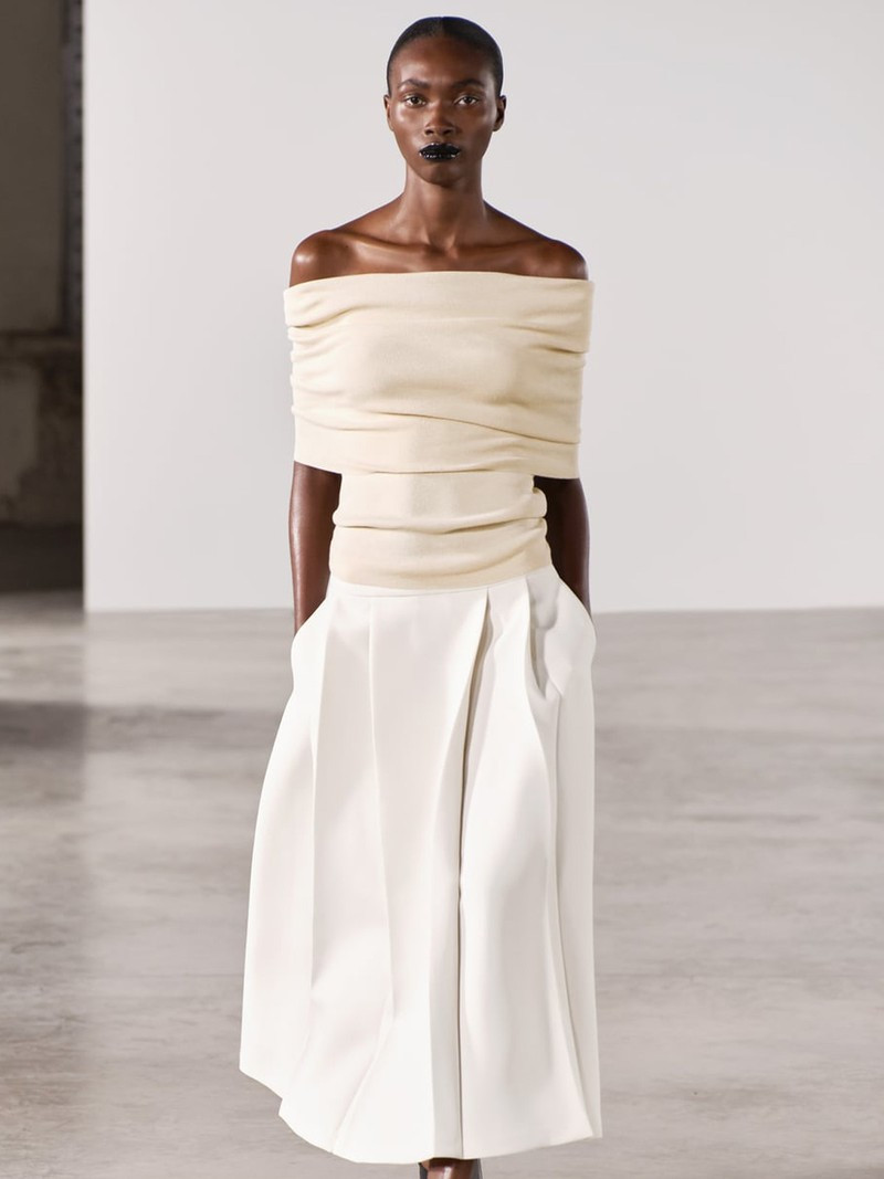 Cream Off-the-Shoulder Top with Folded Neckline and Voluminous Bottoms — Off the Shoulder Tops