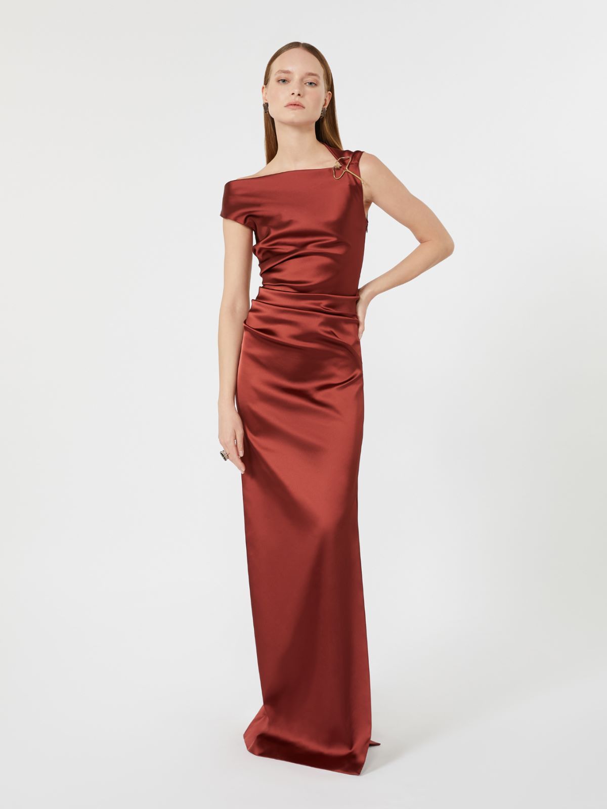 Antique Rose Satin Dress with Off-the-Shoulder Neckline — Satin Dresses