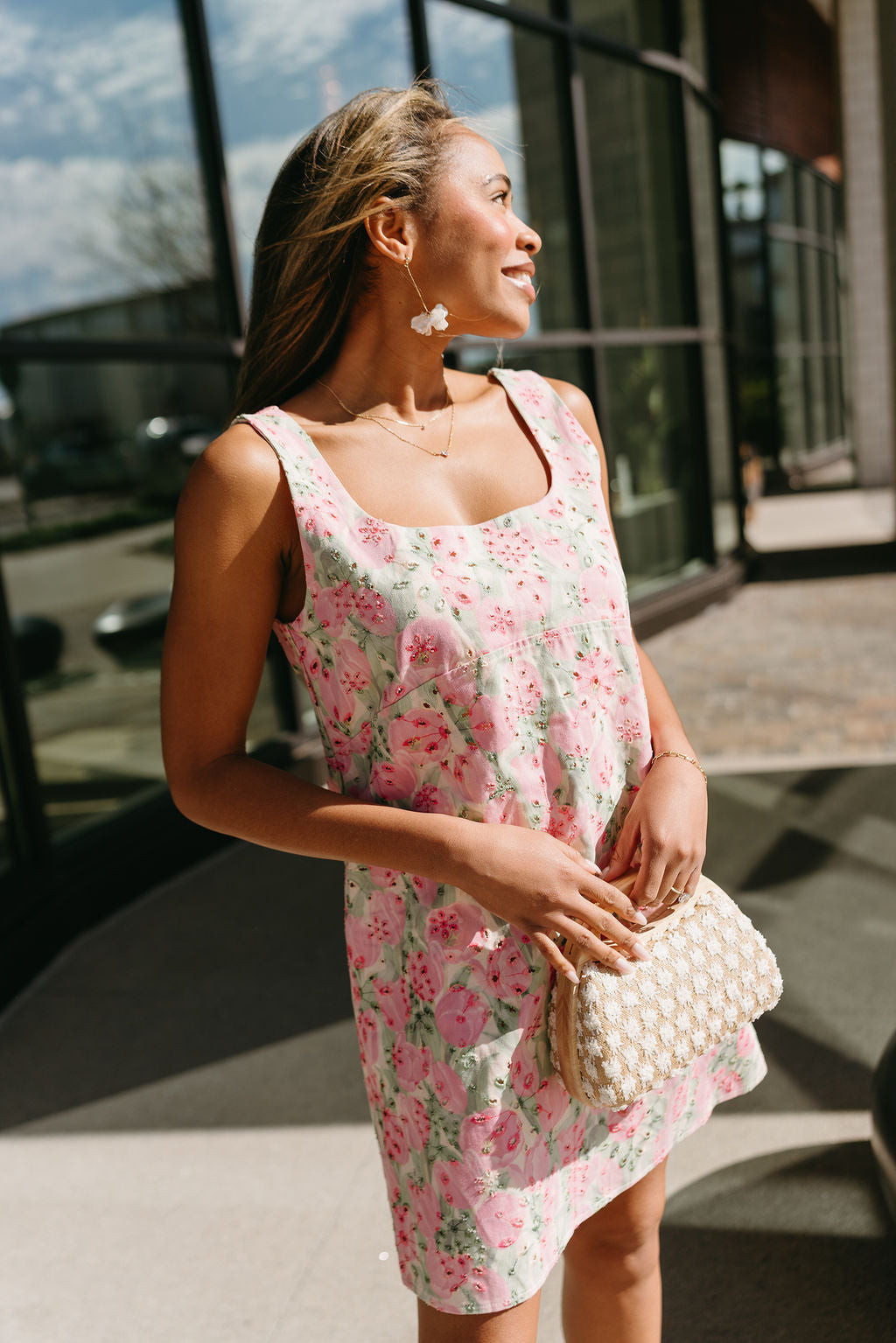 Floral Print Mini Dress with Eyelet Accents Floral Print Mini Dress with Eyelet Accents — Light Feminine Outfits