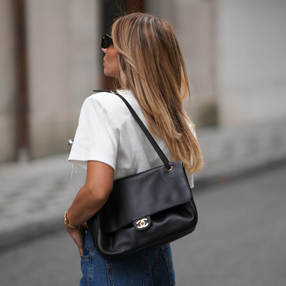 Black Leather Shoulder Bag with Gold Hardware — Designer Bags