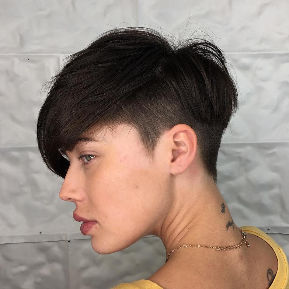 Dark Brown Pixie With Long Side-Swept Bangs — Undercut Pixie