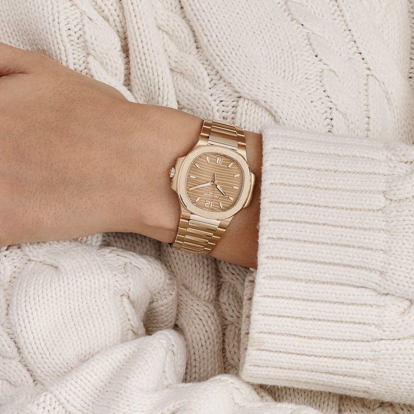 Classic Gold Watch with Cream Knit Sweater — Gold Watches for Women