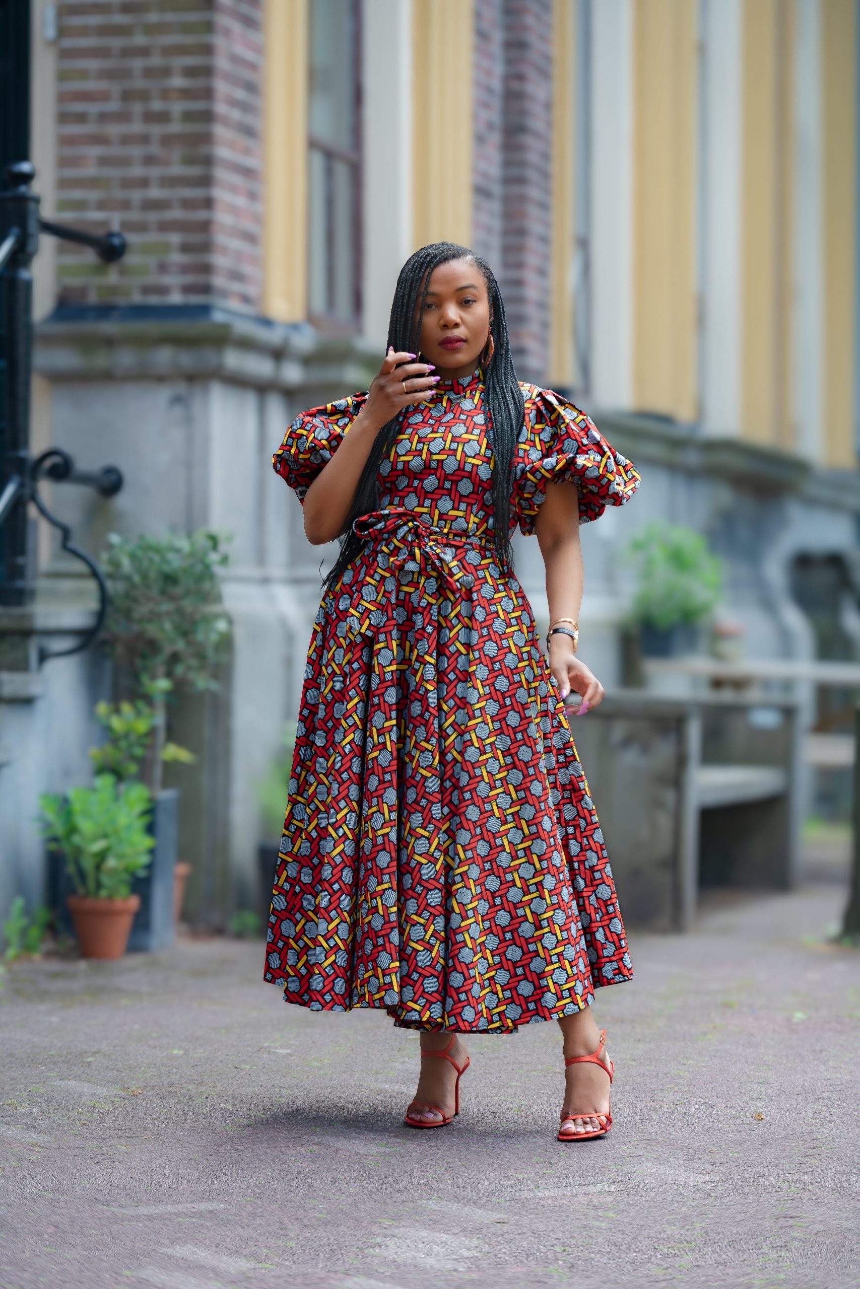 Maxi Dress with High Neckline, Puff Sleeves, and Geometric Print — African Print Dresses