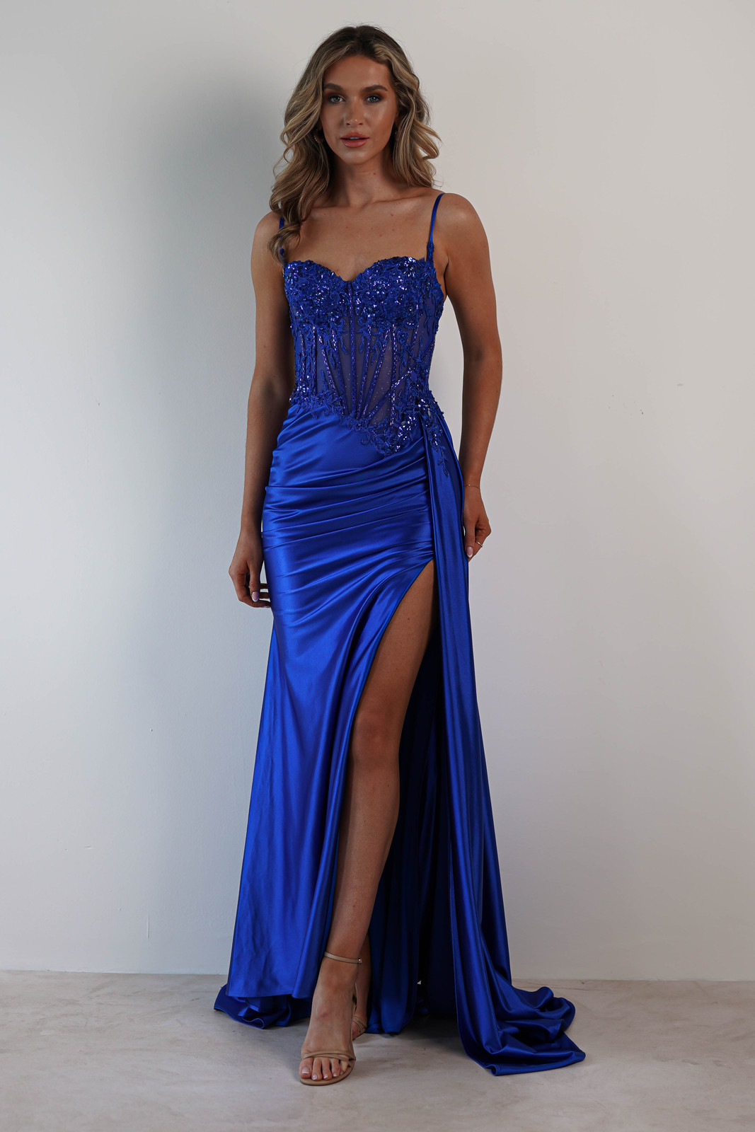 Royal Blue Embellished Corset Dress with Mermaid Skirt and Slit Royal Blue Embellished Corset Dress with Mermaid Skirt and Slit — Corset Dresses