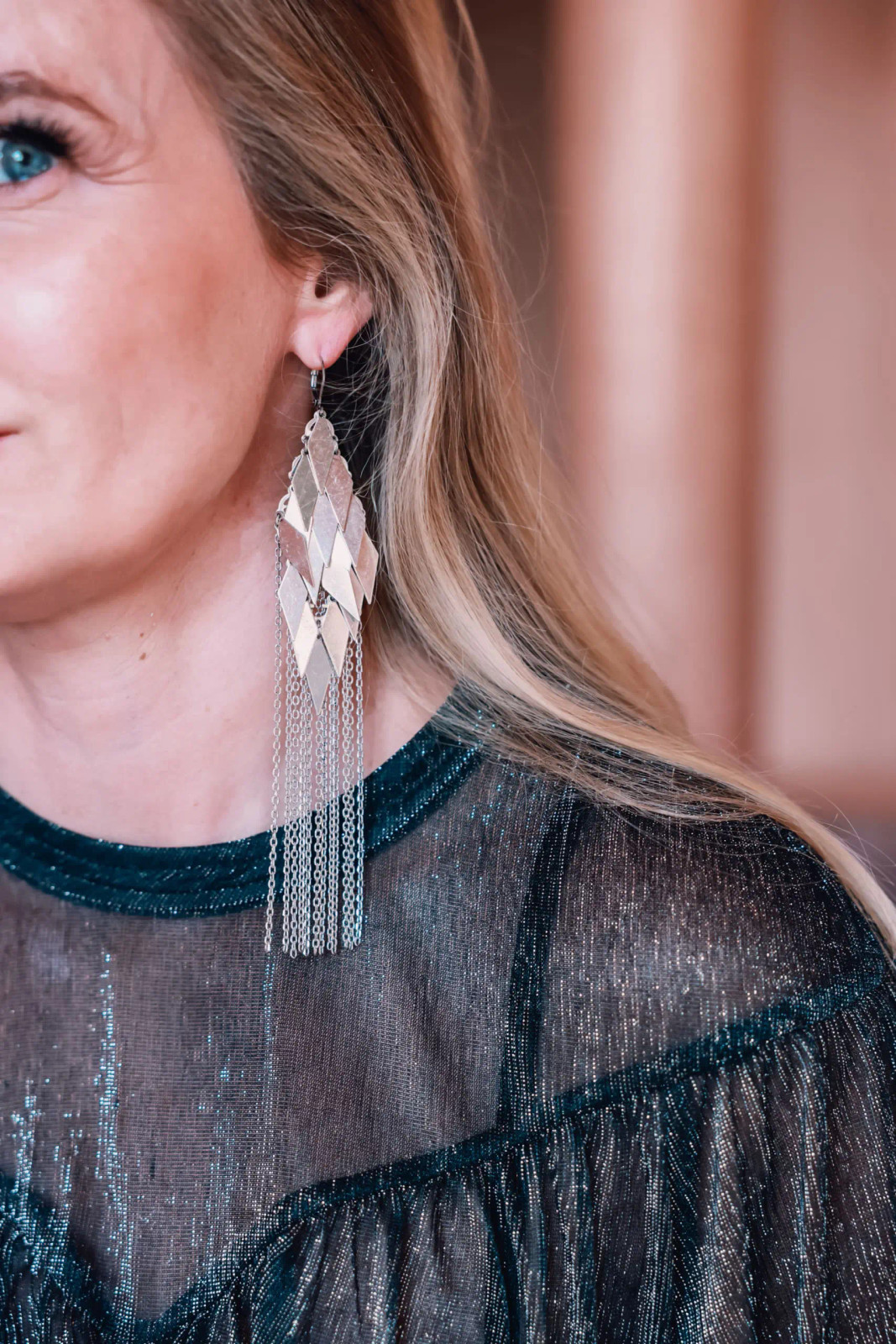 Silver Chain Fringe Statement Earrings with a Metallic Sheer Top Silver Chain Fringe Statement Earrings with a Metallic Sheer Top — Statement Earrings Outfits