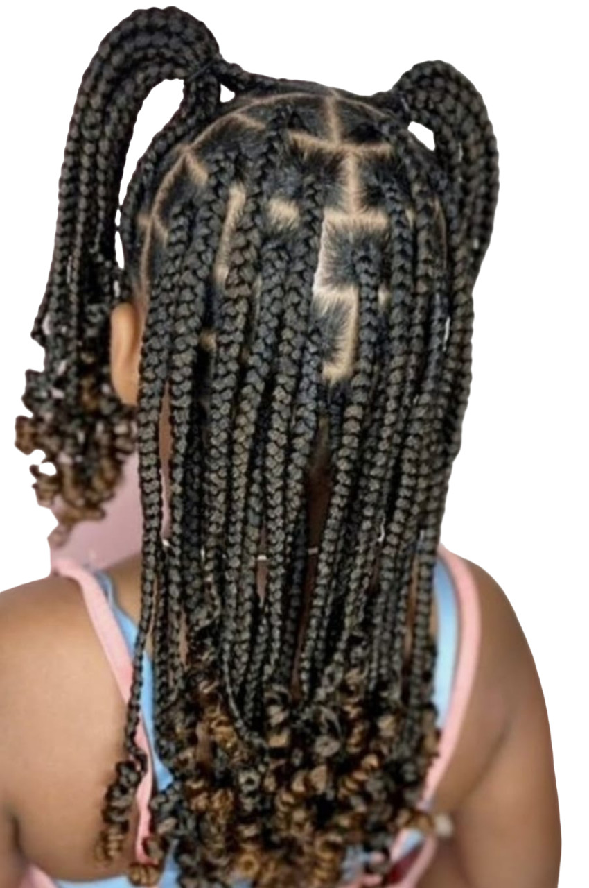 Mid-Back Braids Styled into Two High Pigtail Buns Mid-Back Braids Styled into Two High Pigtail Buns — Kids Knotless Braids
