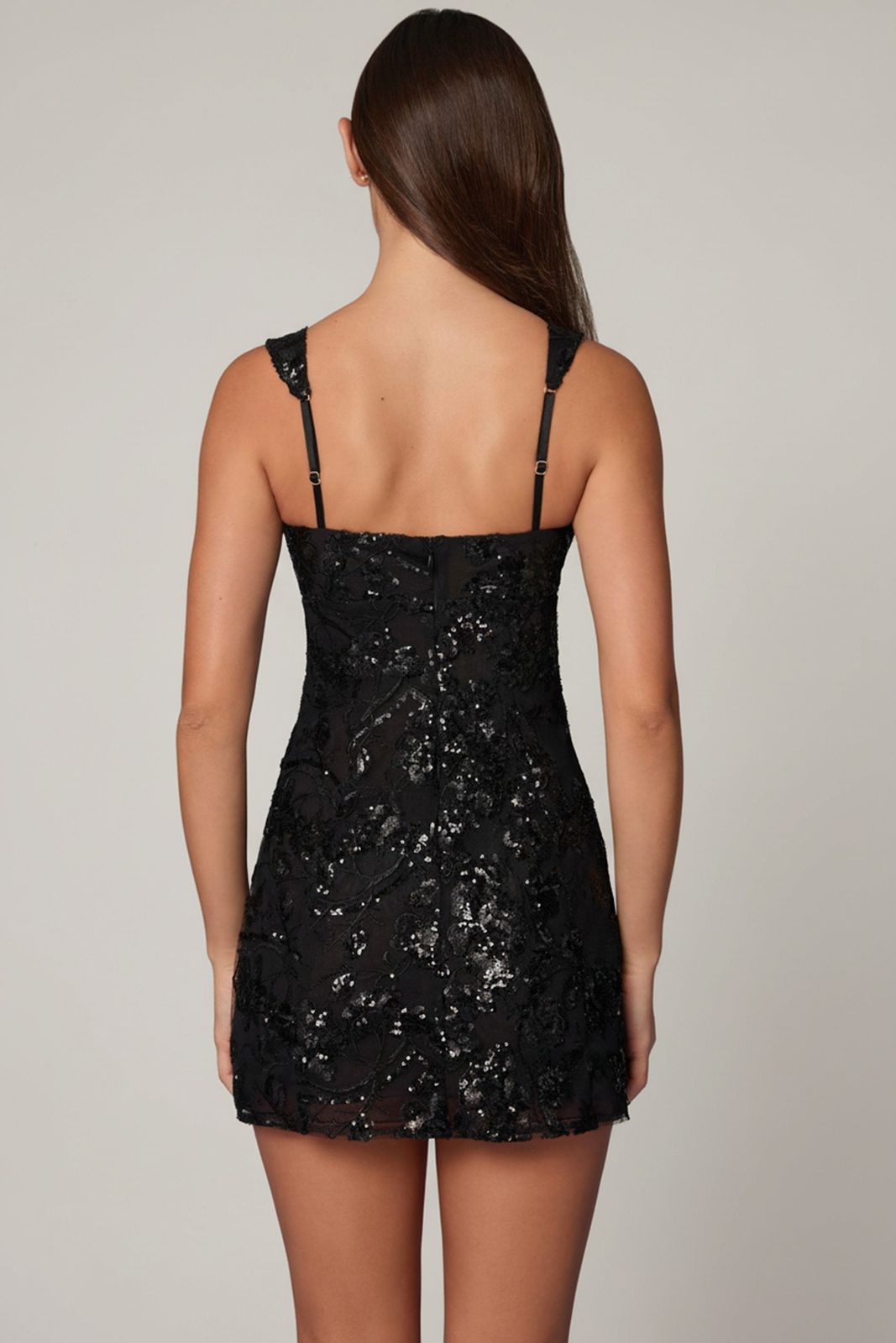 Black Sequined Lace Sleeveless Mini Dress with Lace-Up Back — Rush Dresses