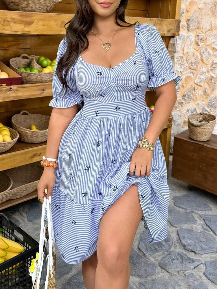 Striped Midi Dress with Puff Sleeves and Bow Print — Cruise Dresses