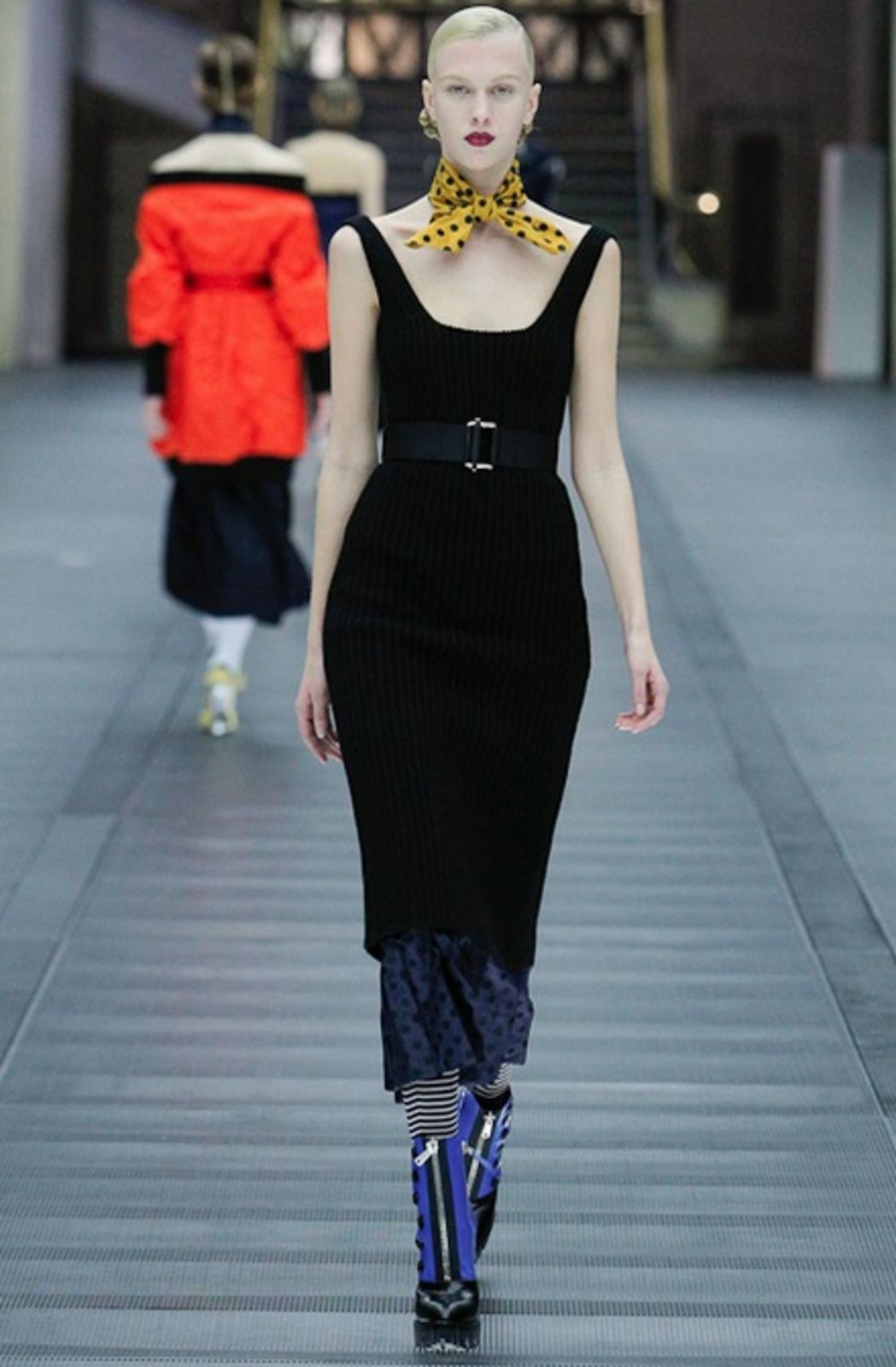 Miu Miu Black Ribbed Dress with Patterned Skirt and Scarf — Miu Miu Outfits