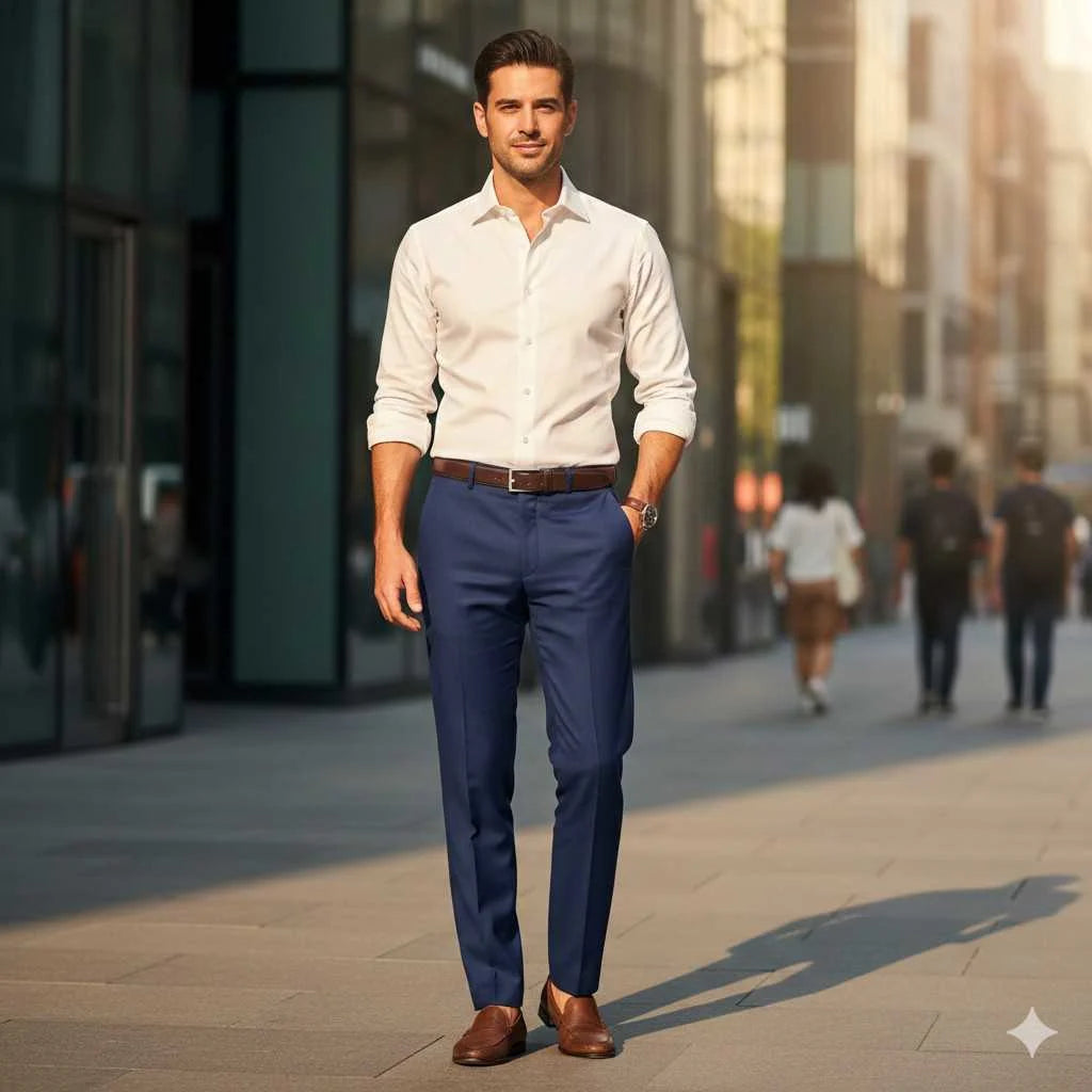 White Dress Shirt with Navy Trousers and Loafers White Dress Shirt with Navy Trousers and Loafers — Outfits for Men
