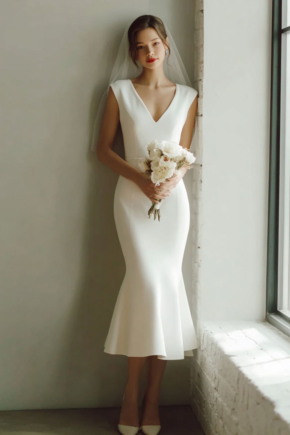 White Crepe Mermaid Dress with Veil — Rehearsal Dinner Dresses