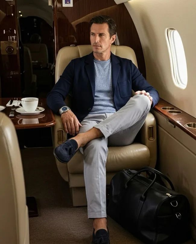 Navy Blazer and Crew Neck Sweater for Business Travel Comfort Navy Blazer and Crew Neck Sweater for Business Travel Comfort — Business Trip Outfits