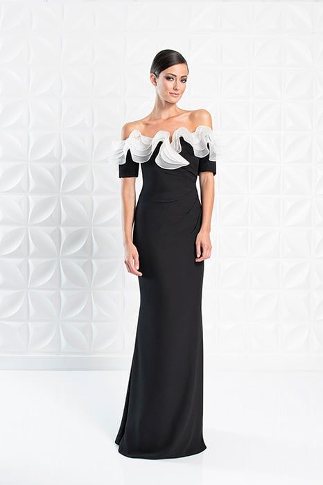 Black Off-the-Shoulder Gown with Dramatic White Ruffled Neckline Black Off-the-Shoulder Gown with Dramatic White Ruffled Neckline — Charity Gala Outfits