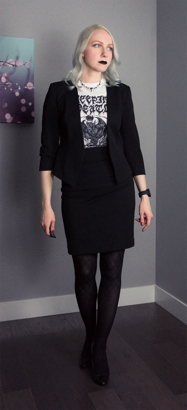 Blazer and Pencil Skirt with White Graphic Tee for a Modern Goth Ensemble — Corporate Goth Outfits