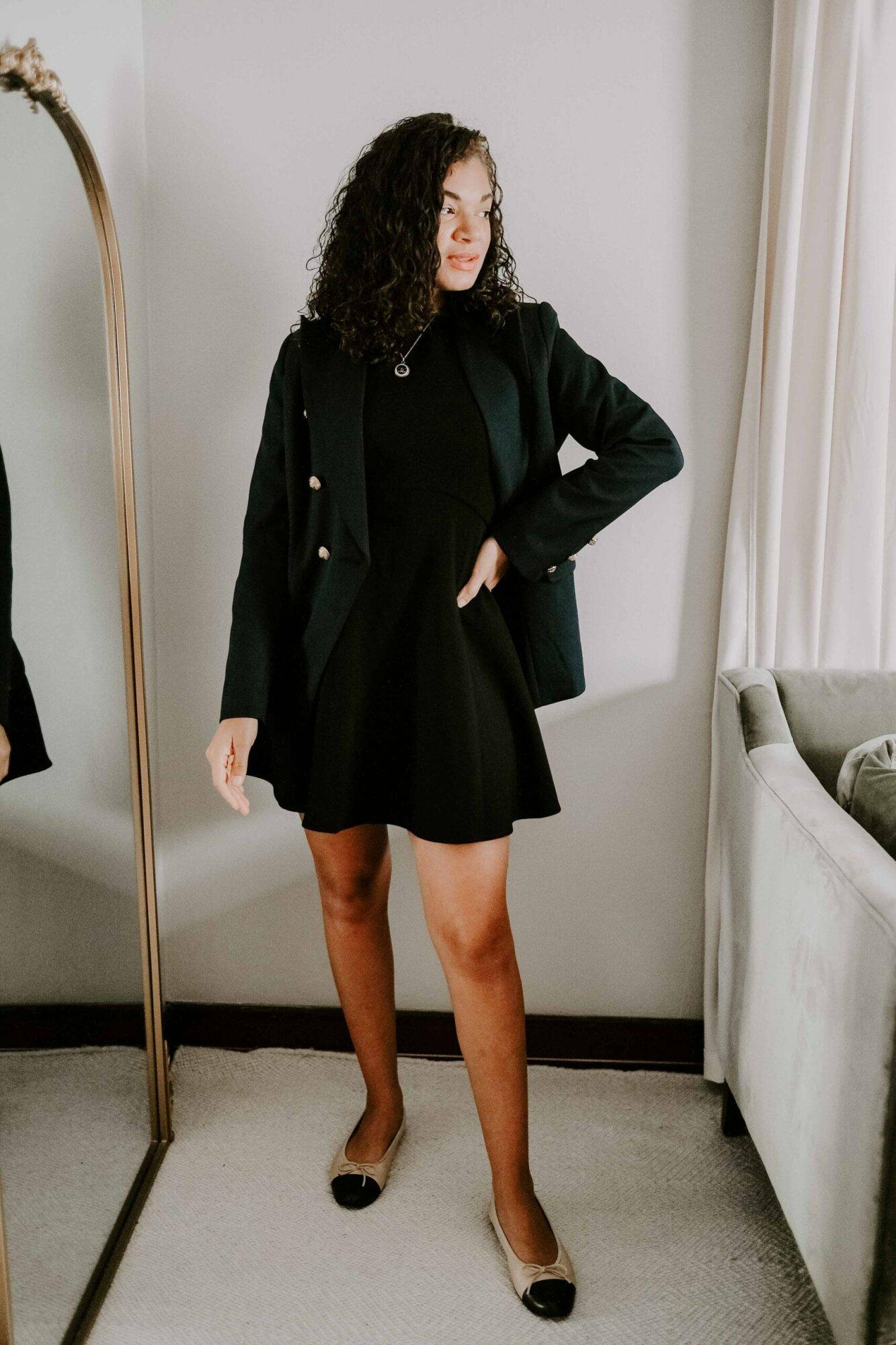 Structured Blazer with Fit-and-Flare Dress and Ballet Flats Structured Blazer with Fit-and-Flare Dress and Ballet Flats — Ballet Flats Outfits