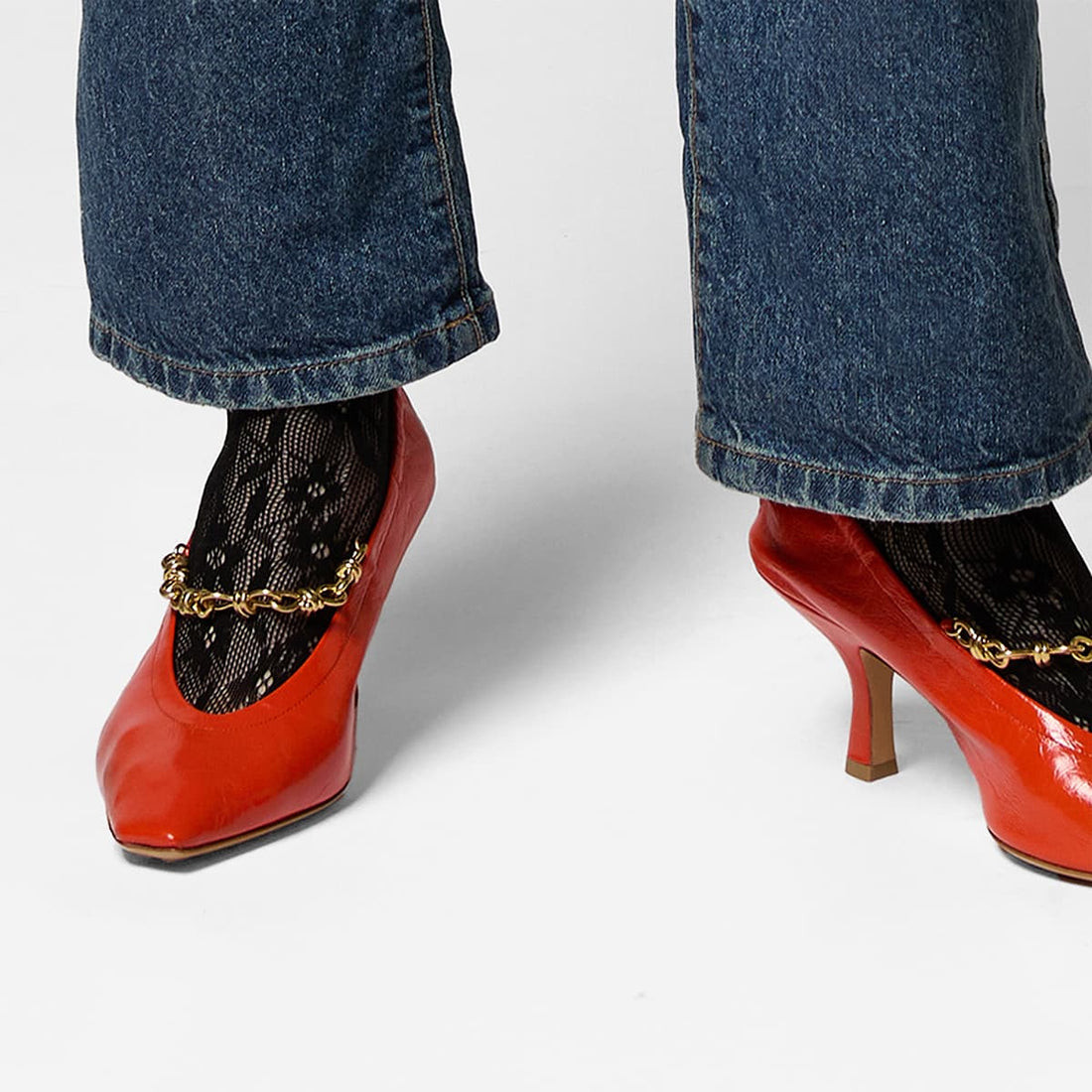 Sheer Lace Socks with Red Patent Heels and Denim Sheer Lace Socks with Red Patent Heels and Denim — Socks with Heels Outfits
