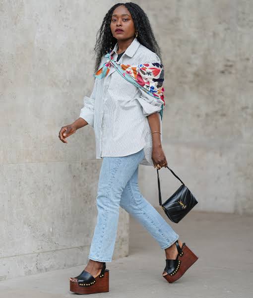 Effortless Chic: Light Wash Jeans with Striped Shirt and Scarf — Straight Leg Jeans