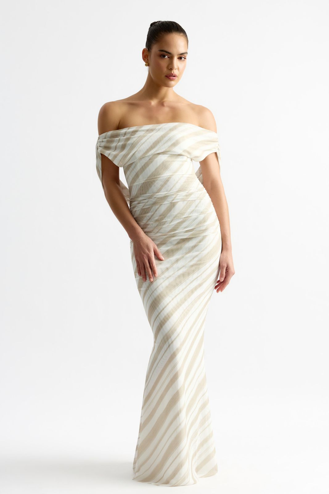 Beige Striped Off-the-Shoulder Maxi Dress: Draped Neckline Beige Striped Off-the-Shoulder Maxi Dress: Draped Neckline — Date Night Dresses