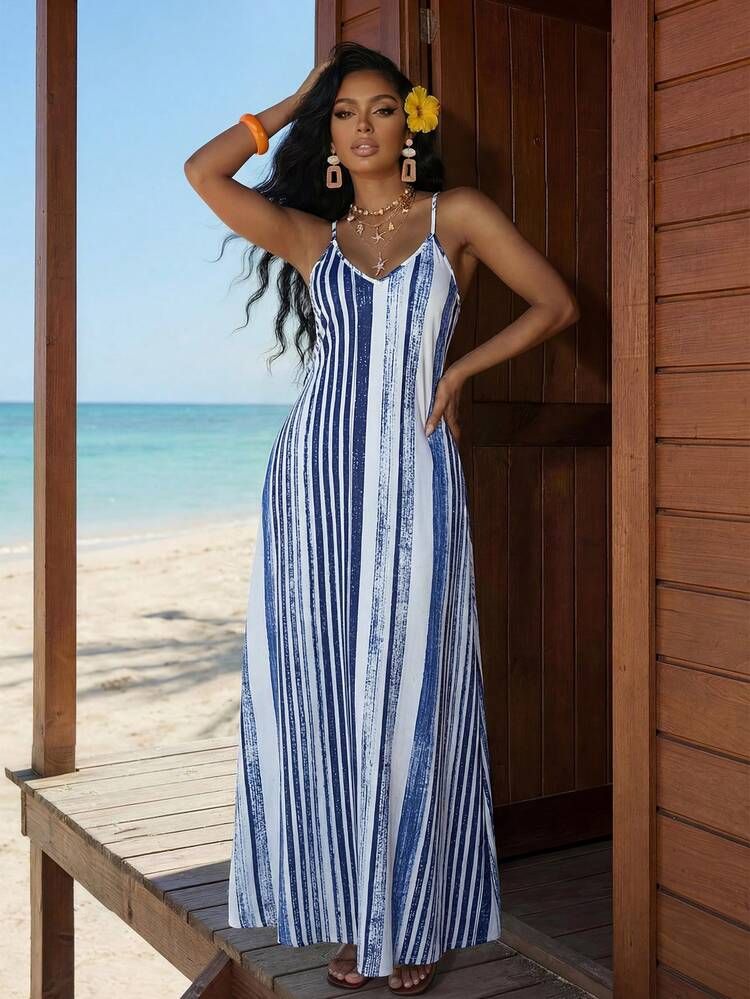 Blue and White Striped Cotton Maxi Dress Blue and White Striped Cotton Maxi Dress — Beach Dresses