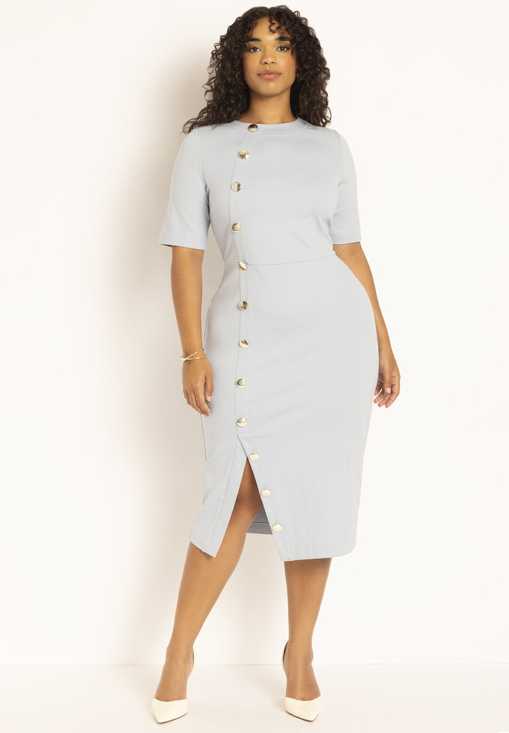Light Blue Midi Dress with Gold Button Front Slit — Work Dresses