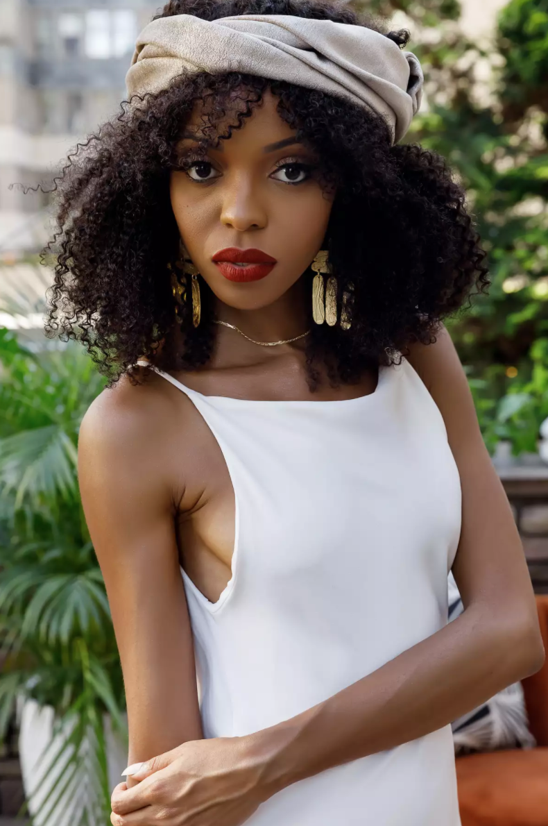 Formal White Slip Dress with Headwrap and Statement Earrings Formal White Slip Dress with Headwrap and Statement Earrings — Curly Bangs