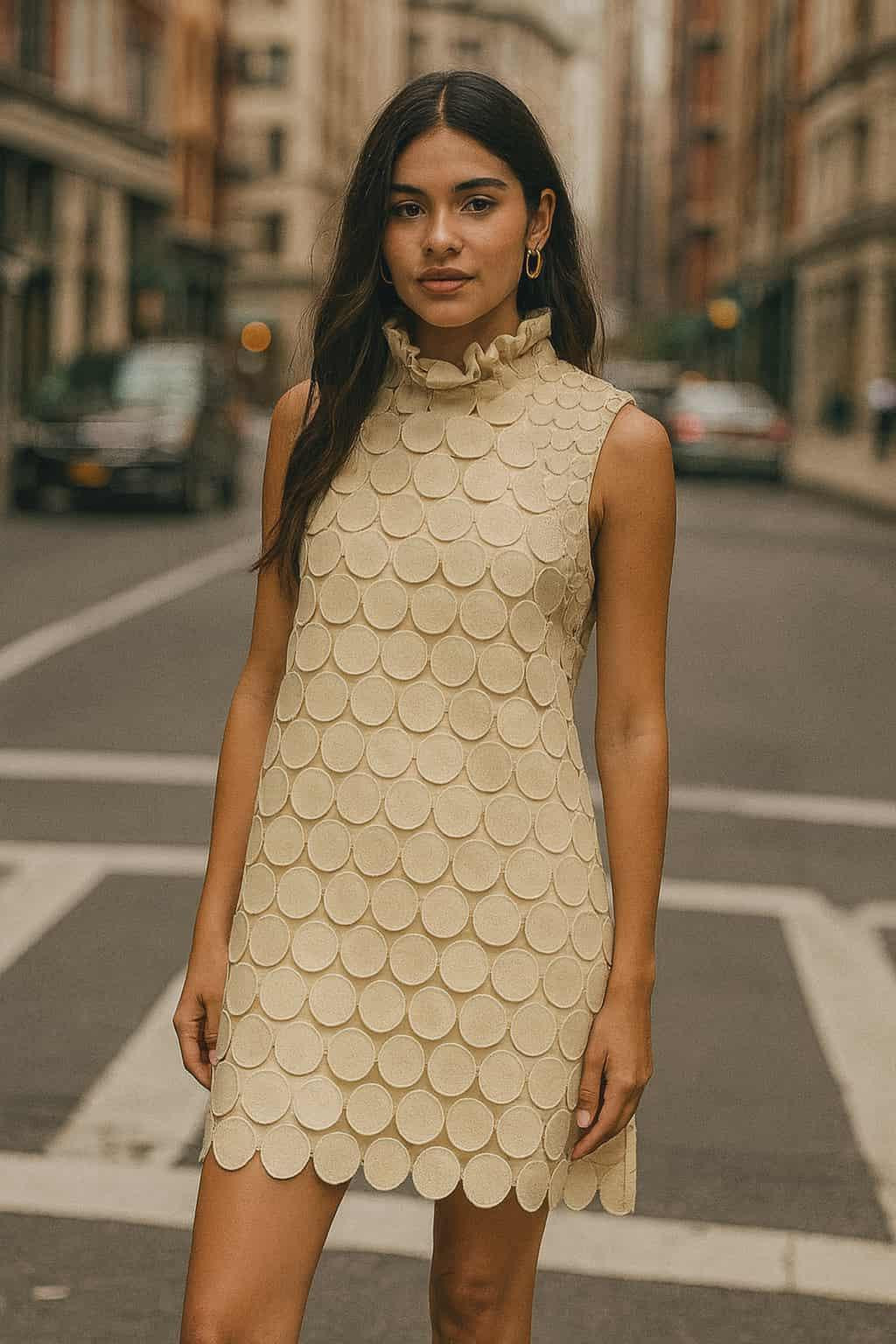 Textured Beige Shift Dress with Scalloped Hem — Shift Dresses