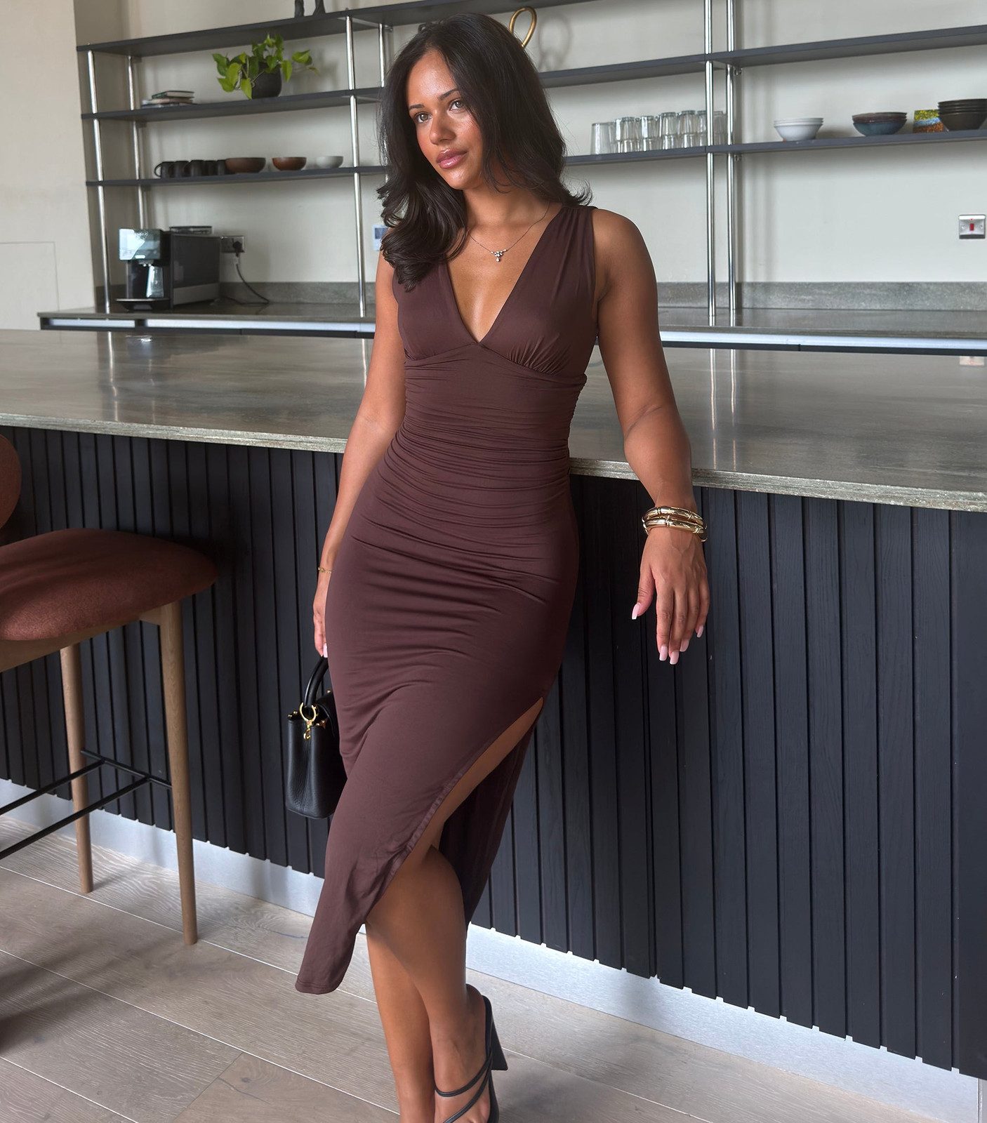 Brown Sleeveless Bodycon Midi with Plunging V-Neck — Bodycon Dresses