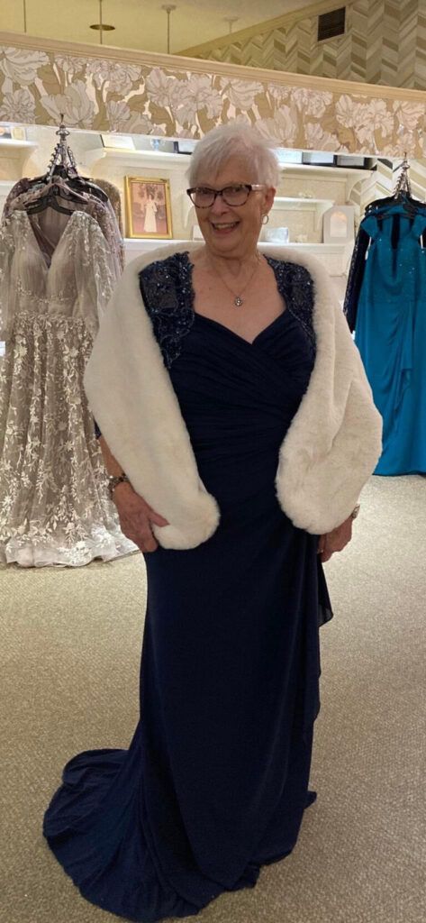 Navy Blue Gown with Embellished Shoulders and Faux Fur Stole — Grandmother of the Bride Outfits