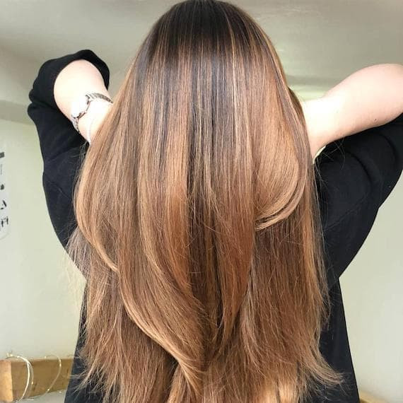 Mid Back Layered Blowout With Warm Balayage — Balayage Straight Hair