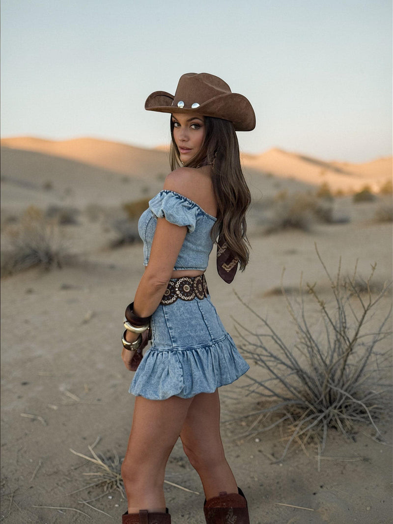 Denim Set with Off-Shoulder Top and Cowboy Hat — Cowboy Hat Outfits
