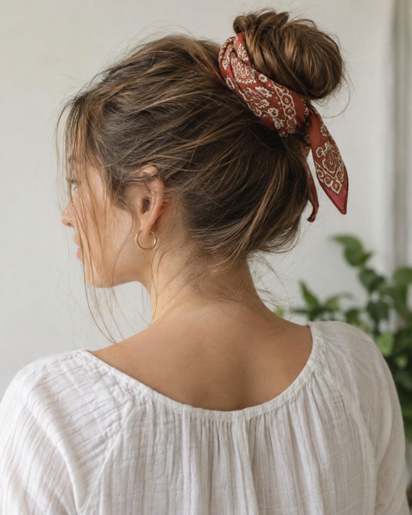 Textured Bun With Patterned Base Bandana Textured Bun With Patterned Base Bandana — Bandana Hairstyles