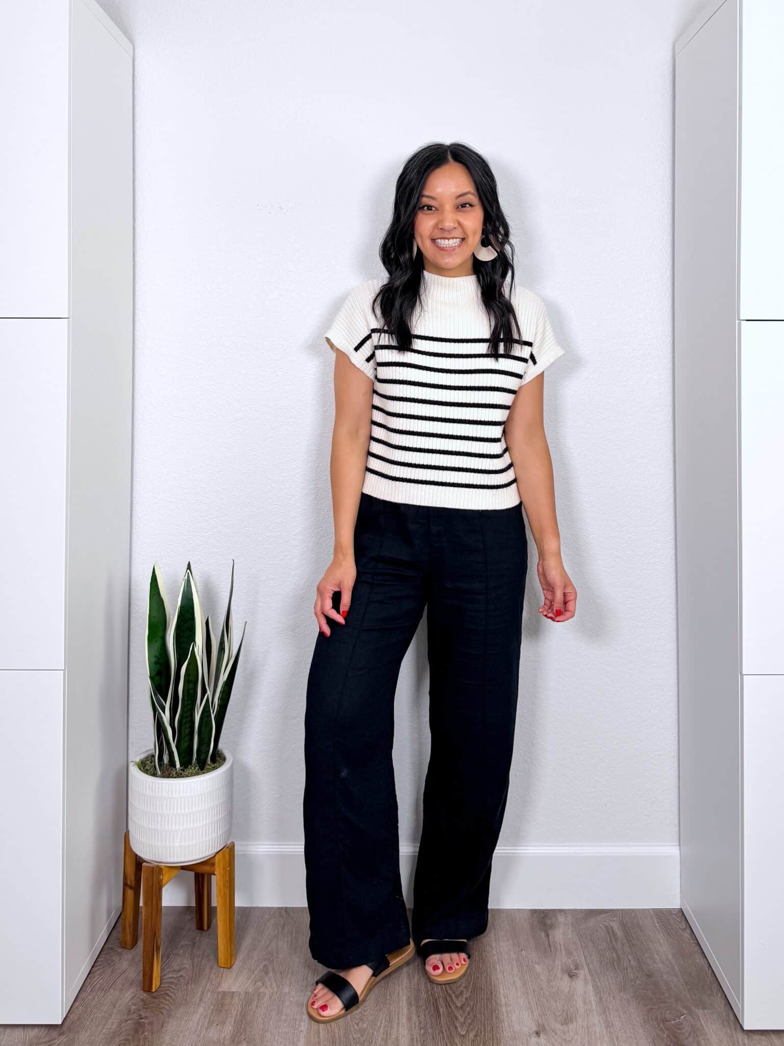 Monochromatic Black Wide Leg Pants with Striped Top — Wide Leg Pants Outfits