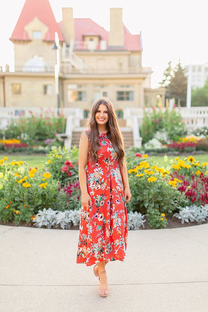 Vibrant Red Floral A-Line Midi Dress — Garden Party Outfits